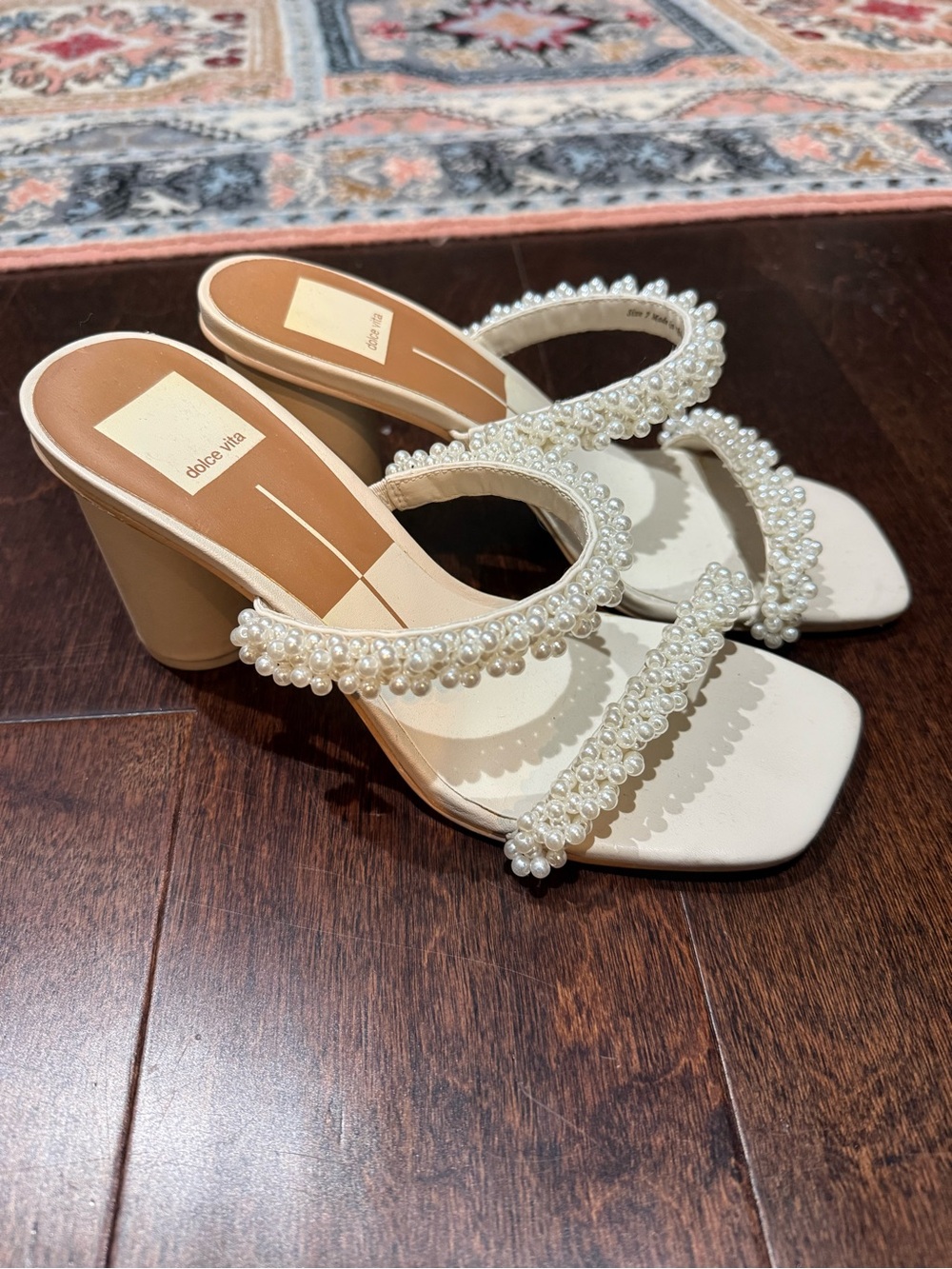 Dolce Vita Ivory Pearl-Strap Block Heel Sandals